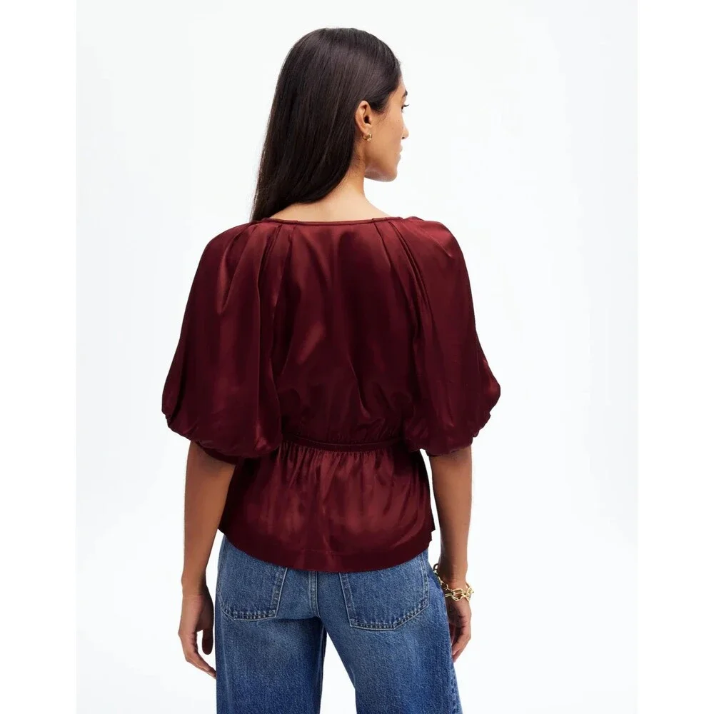Madewell Medium Shirred Puff Sleeve Top Satin Cabernet V-Neck Empire Waist NWT
